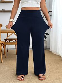 SHEIN PETITE CURVE 大尺碼女款純色休閒百搭日常穿著長褲 - 藏蓝色 - 查看 5