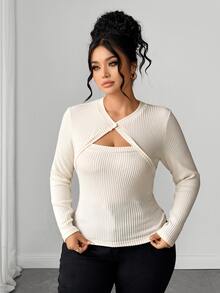 Elenzga Kaos Wanita Ukuran Besar Warna Polos dengan Desain Potongan Lengan Panjang Bergaris Slim Fit untuk Musim Gugur - Aprikot - View 3