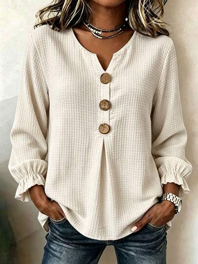 SHEIN Women's Casual Commute Shirt With Front Button Decor, Ruffle Sleeves, Loose Fit, Daily Wear, Date, Office, Outing Top