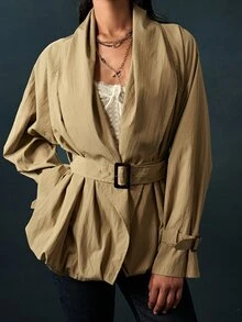 Bohemela Women's Solid Color Shawl Collar Long Sleeve Casual Jacket - Army Green - View 2