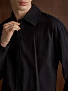 Manfinity CityGents 男士休閒百搭純色長袖襯衫 - 黑色 - 查看 2