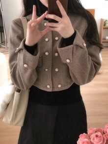 DAZY Brown Herringbone Round Neck Pearl Double-Breasted Short Fitted Long Sleeve Vintage Elegant Tweed Jacket Fall - Khaki - View 5