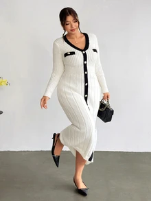 Firerie Plus Size Contrast Color Button-Down Cinched Waist V-Neck Long Sleeve Knit Dress - Apricot - View 8