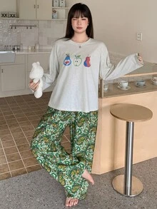 Dazy Plus Cute Printed Pattern Loose Top & Vintage Floral Long Pants 2-Piece Set, Spring/Autumn New Pajama Set - Light Grey - View 5