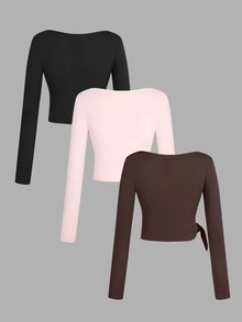 SHEIN Velisys Spring/Summer Girls Fashion Hot-Selling Solid Color 3 Pieces Set Sports Long Sleeve Tank Top T-Shirt - Multicolor - View 3
