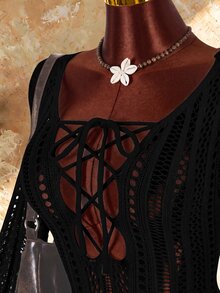 Amplova Jumpsuit nữ len dệt kiểu Boho mới, thắt dây trước, ôm dáng, hơi xuyên thấu - màu đen - Xem 11