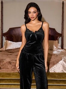 Slumberist Halloween Style Black & Gold Velvet Patchwork Spider Lace Slim Fit Semi-Sheer Camisole & Long Pants Pajama Set For Women - Black - View 4