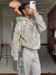 Muchica 80%棉女款休閒寬鬆連帽衛衣，葉子印花，秋冬服飾 - 彩色 - 查看 5