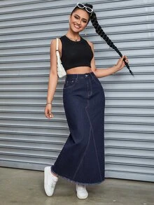 SHEIN Tall Casual Washed Raw Edge Denim Skirt - Dark Wash - View 5