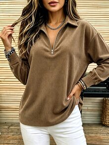 SHEIN LUNE CURVE Women's Plus Size Corduroy Collared Casual Sweatshirt, Suitable For Outdoor/Commute/Country Style, Long Sleeve Sweatshirt For Autumn/Winter - Brown - View 4