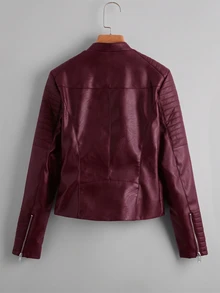 Comfortcana Jaket Motor Kulit PU Wanita Lengan Panjang Warna Burgundy dengan Resleting Depan - Burgundy - View 2