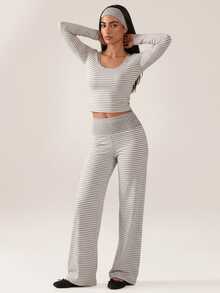 SHEIN BAE Women's Striped Long Sleeve T-Shirt And Pants Sports Set - Light Grey - View 3