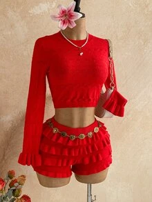 Soleia Women's Holiday Casual Cute Romantic Elegant Long Flare Crop Top And Ruffle Low-Waist Mini Skirt 2 Pieces Set, Beach Everyday Party Autumn - Red - View 1