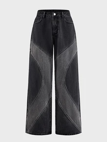 AXEPEAK Men's Patchwork Contrast Color Washed Black & Grey Vintage Long Pants - Multicolor - View 1