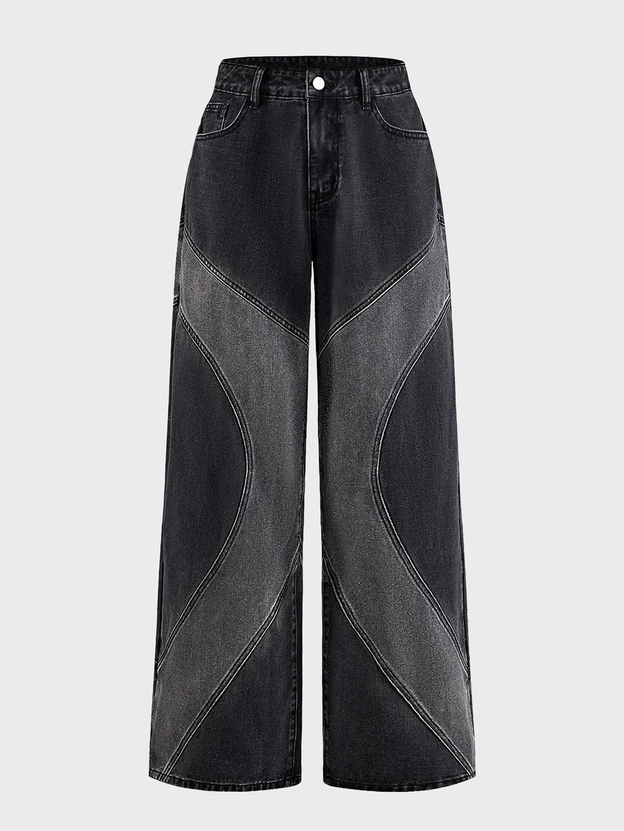 AXEPEAK Men's Patchwork Contrast Color Washed Black & Grey Vintage Long Pants - Multicolor - View 1