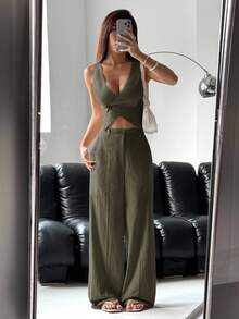 SHEIN EZwear 女款單扣背心與長褲套裝，純色，秋冬款 - 軍綠色 - 查看 3