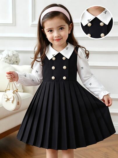 SHEIN Elladie kids Young Girl Royal Blue Small Lapel Double-Breasted Pleated Hem Long Sleeve 2 In 1 Dress, Suitable For Daily Casual, Elegant, Cute, Commute, School Style