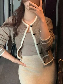 Dazy Plus Colorblock Patchwork Korean Style Loose Knit Cardigan Sweater, Autumn/Winter - Brown - View 6