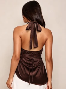 Avenya Draped Neck Draped Waist Adjustable Tie Asymmetrical Hem Top - Brown - View 6