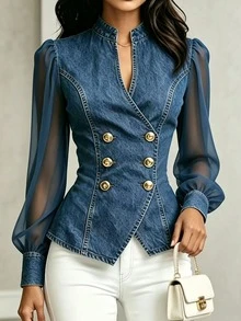 Balvessa Women's Double-Breasted Denim Effect Mesh Long Sleeve Elegant Blouse - Blue - View 4