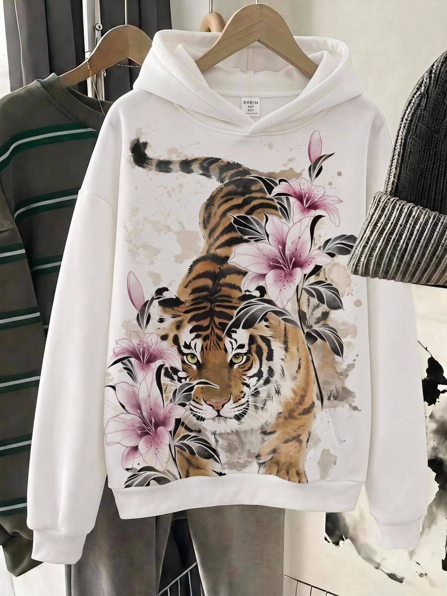 SHEIN Tween Girls Sweatshirts Autumn/Winter Tiger Print Hooded Long Sleeve Pullover, Suitable For Back To School Daily Commute Fashion Outfit - White - View 1