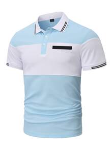 Manfinity Homme Men's Plus Size Contrast Color Button Half-Placket Short Sleeve Polo Shirt Golf Blue And White Striped Summer Casual - Blue - View 5