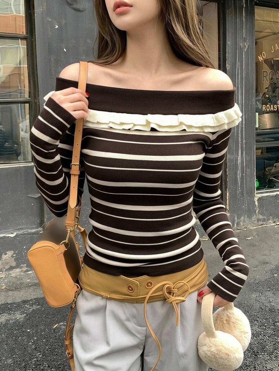 DAZY Cool-Tone Contrast Color Design Striped Off Shoulder Knit Sweater Women's Autumn/Winter Base Layer With Frill Trim - Coffee Brown - View 1