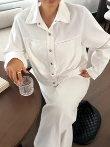 Dazy Plus Autumn Lapel Long Sleeve Button-Up Solid White Short Loose Denim Jacket - White - View 5