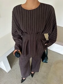 Dazy Plus Autumn Loose Business Casual Ruffle Waist Office Wear Shirt And Suit Pants 2 Pieces Set Elegant - Brown - View 2