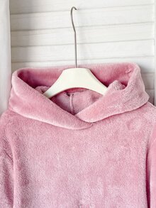 SHEIN 少女秋/冬季甜美卡通3D設計厚抓絨連帽長袖抽繩家居服浴袍睡衣 粉色女童睡衣 - 藕粉色 - 查看 5