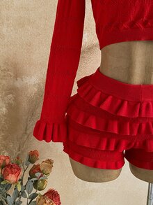 Soleia Women's Holiday Casual Cute Romantic Elegant Long Flare Crop Top And Ruffle Low-Waist Mini Skirt 2 Pieces Set, Beach Everyday Party Autumn - Red - View 3