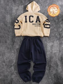 SHEIN 兒童青少年男孩休閒運動大字母圖案加厚卡其色運動衫與運動褲套裝，適合秋冬、學校、家庭聚會、度假派對，秋季穿搭，冬季穿搭，男孩套裝兒童套裝 - 彩色 - 查看 3