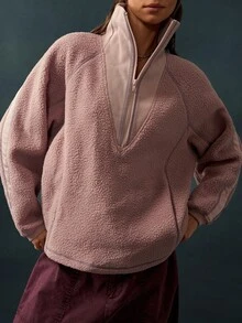 Bohemela Women's Solid Color Raglan Long Sleeve Half-Zip Fleece Sweatshirt - Purple - View 6