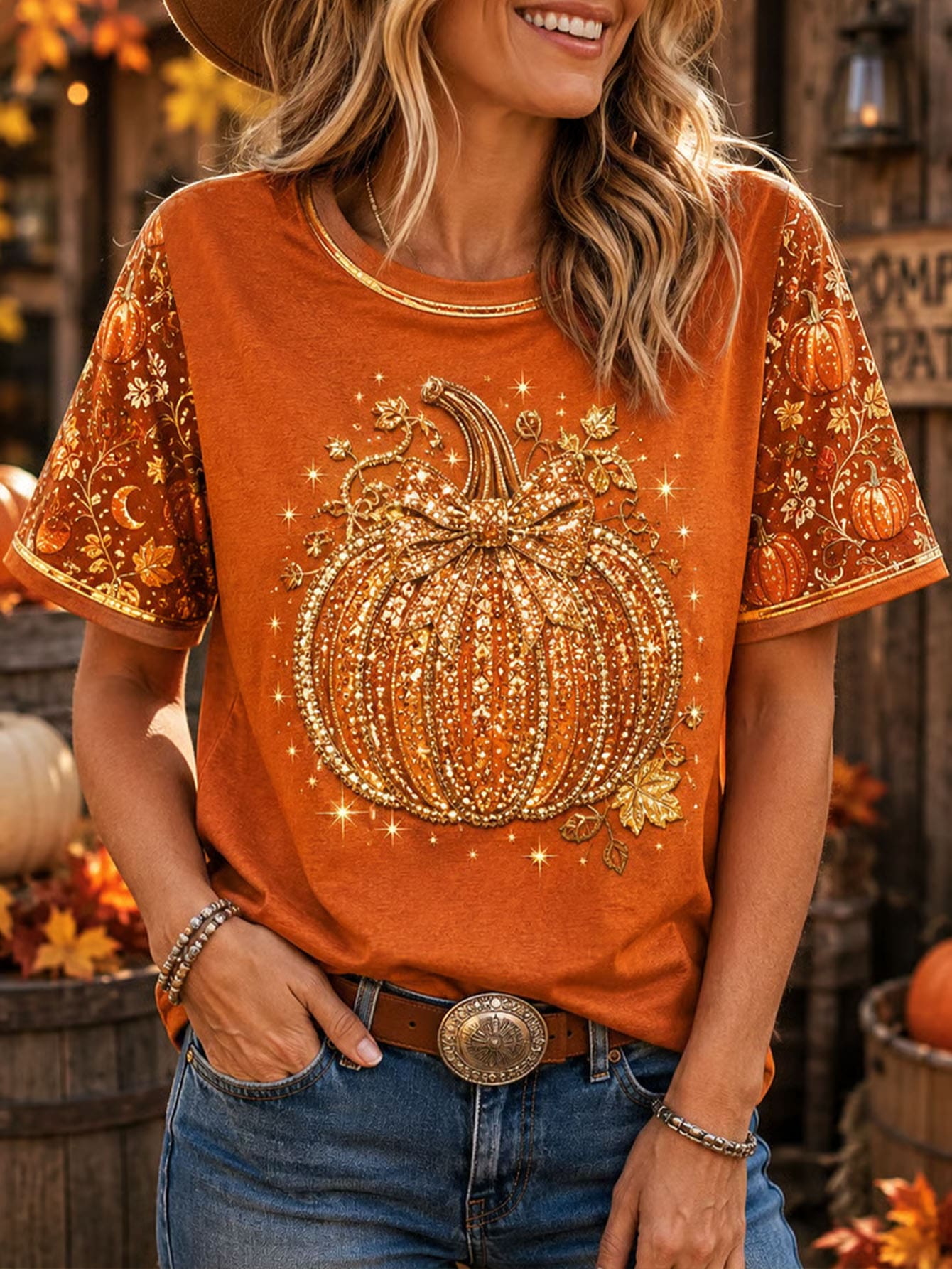 Selamara Pumpkin Print Crew Neck Short Sleeve T-Shirt, Casual Halloween Pattern Top - Multicolor - View 1