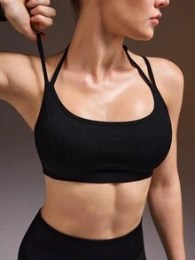 Powerista 女款無縫黑色水洗低衝擊運動內衣，附內墊 - 黑色 - 查看 7