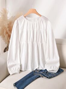 CosyJoli Plus Size Casual Versatile Solid Color Lantern Sleeve Shirt - White - View 4