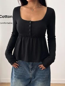 Comfortcana 新款舒適純棉長袖荷葉邊下擺A字版型休閒大尺碼T恤 - 黑色 - 查看 1