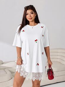 Solflare White Lace Patchwork Cherry Embroidery Plus Size Dress - White - View 3