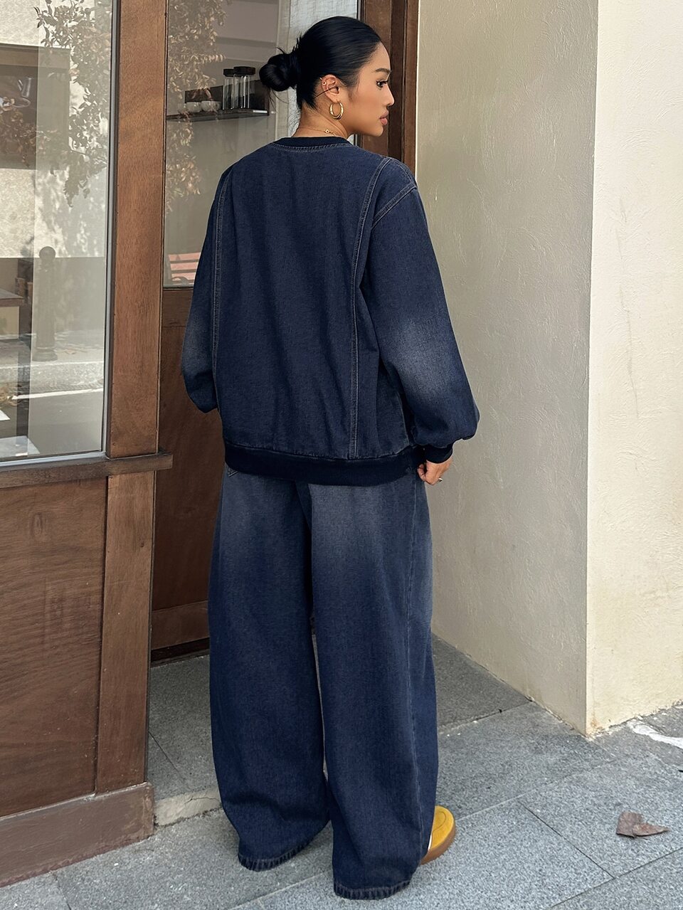 Vintage Denim Letter Print Loose Long Sleeve Top And Pants Casual Streetwear 2 Pieces Set Fall