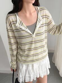 DAZY Women's Striped Colorblock Casual Versatile Daily Wear T-Shirt Fall - Yellow - View 4