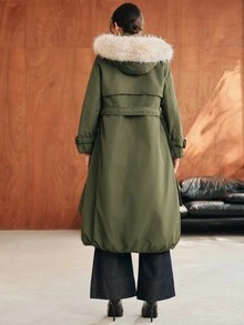 Anewsta Women's Pockets Waist Belt Design Long Sleeve Zipper Front Fur Collar Hooded Long Casual Winter Jack - Army Green - View 2