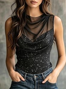 SHEIN Tank Top Wanita Elegan dengan Desain Payet dan Patchwork Jala - Hitam - View 1