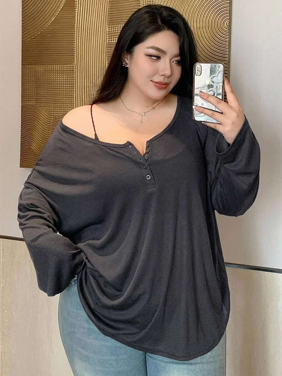 REIGN AVE Solid Color Oversized Scoop Neck Half-Button Long Sleeve T-Shirt Spring Summer - Dark Grey - View 1