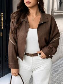 Vionelle Plus Size Women's French Casual Elegant Long Sleeve Jacket - Mocha Brown - View 1