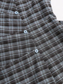 Sweetra New French Sweet Academic Style Plaid Dress, Slight High Neck, Pleated Design, Delicate Button Decor, Unique Tie Waist, Slimming, Spring/Summer Short Petal Sleeve, Simple Versatile Women's Dress - Coffee Brown - View 5