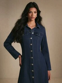Poéselle Women's Collared Button Front Denim Midi Dress With Flap Chest Pockets, Fitted A-Line, Elegant - Dark Wash - View 5