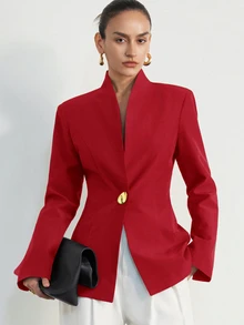 Aveloria Modichic Blazer Wanita Gaya Eropa & Amerika Terbaru, Serbaguna, Elegan, Minimalis, Cocok untuk Komuter, Dekorasi Gesper Logam, Warna Solid, Desain Tanpa Kerah Premium - Burgundy - View 2