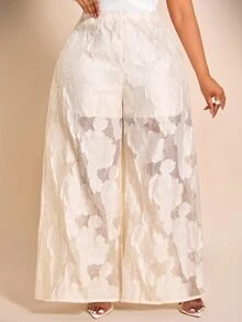 Brilight 3D Floral High Waist Through Textured Flowy Trousers For Vacation Beach Garden Party Brunch Wedding Guest Outfit White Floral Summer Elegant - Apricot - View 6
