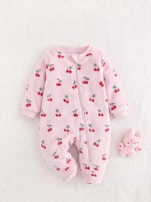 SHEIN 新生兒嬰兒櫻桃圖案休閒日常連身長褲睡衣 - 粉色 - 查看 1