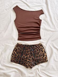 Soleia Women's Summer Sexy Solid Color Asymmetrical Shoulder Metal Decor Top & Leopard Print Sequin Shorts 2pcs Set - Multicolor - View 2